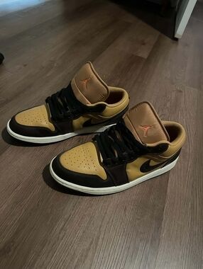 Nike Jordan 1 Mid Low Top Sneakers in Mustard, Brown & Black